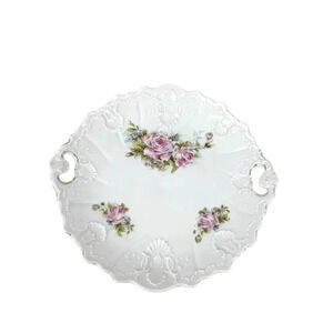 VTG Porcelain Pink‎ Roses Floral Serving Plate With Handles Embossed Shabby Chic